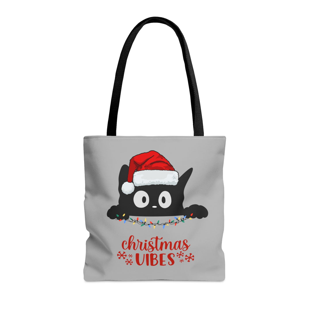 Christmas Cat Tote bag Christmas Vibes Small Medium Large - Madee's Boutique Bags Printify Accessories All Over PrintAssembled in the USAMediumLight Grey