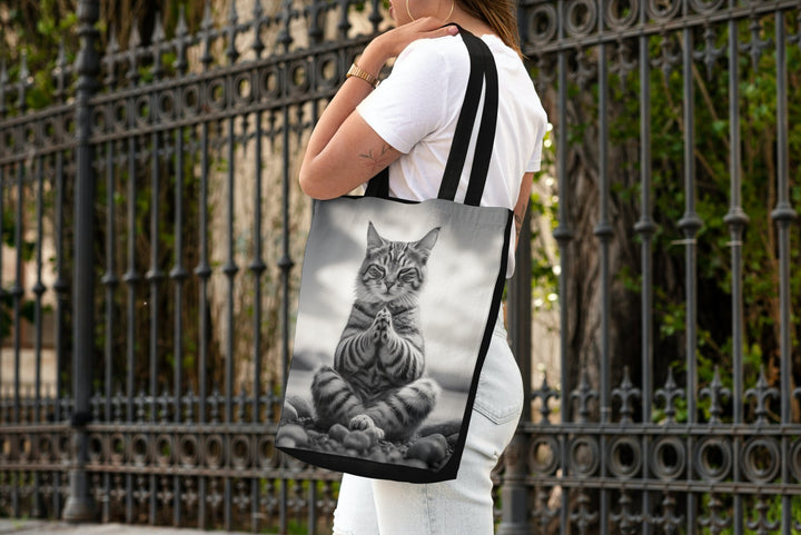 Cat Meditation Tote Bag Black and White Small Medium Large MADEE'S EXCLUSIVES - Madee's Boutique Bags Printify Accessories aesthetic tote bagAll Over PrintSmall