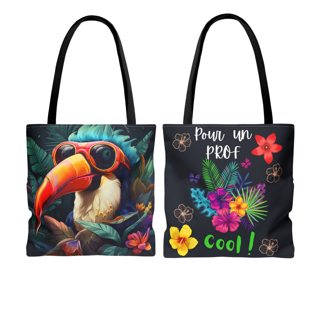 Cool Toucan Colorful Tote Bag Multiple Size Options - Madee's Boutique Bags Printify Accessories aesthetic giftaesthetic gift bagSmallToucan Front - Pour un prof cool Back / Recto toucan - Verso Pour un prof cool