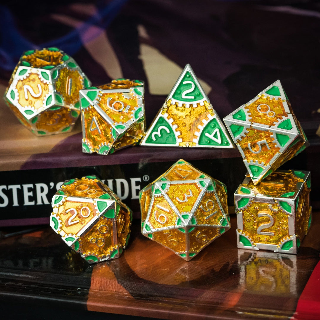 DnD 7pc Metal Dice Steampunk Style Polyhedral Dice Set for Dungeons and Dragons Role Playing Game Warhammer D6 D8 D10 D12 D20 Metal Gear Dice Set Rolling 20 Dungeons and Dragons Dice Collection - Madee's Boutique Madee's Boutique DS 10 sided dice 100 sided dice12 sided diceAncient SilverChina