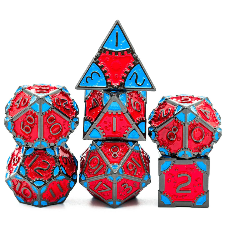 DnD 7pc Metal Dice Steampunk Style Polyhedral Dice Set for Dungeons and Dragons Role Playing Game Warhammer D6 D8 D10 D12 D20 Metal Gear Dice Set Rolling 20 Dungeons and Dragons Dice Collection - Madee's Boutique Madee's Boutique DS 10 sided dice 100 sided dice12 sided diceRed BlueChina