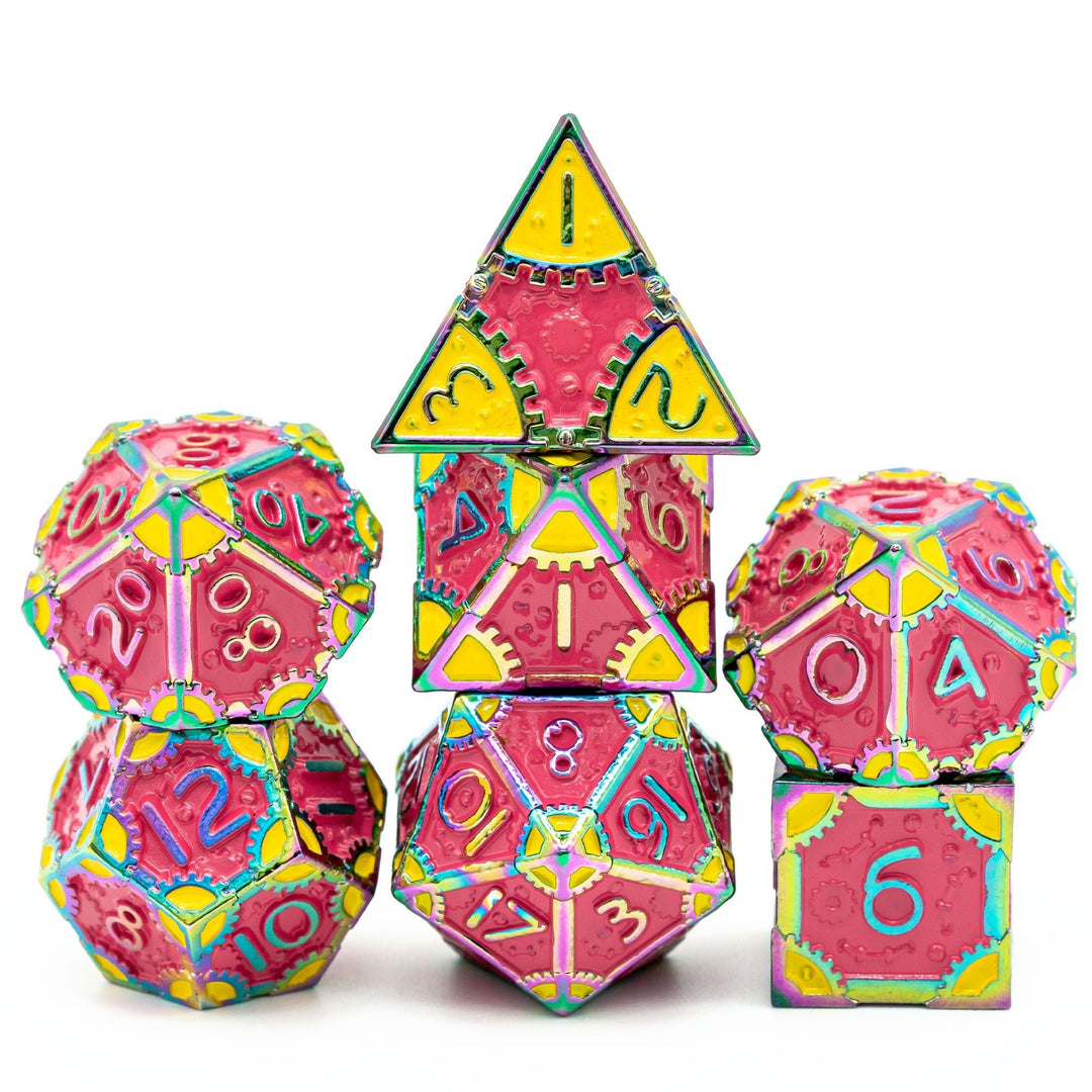DnD 7pc Metal Dice Steampunk Style Polyhedral Dice Set for Dungeons and Dragons Role Playing Game Warhammer D6 D8 D10 D12 D20 Metal Gear Dice Set Rolling 20 Dungeons and Dragons Dice Collection - Madee's Boutique Madee's Boutique DS 10 sided dice 100 sided dice12 sided diceColorful PinkChina