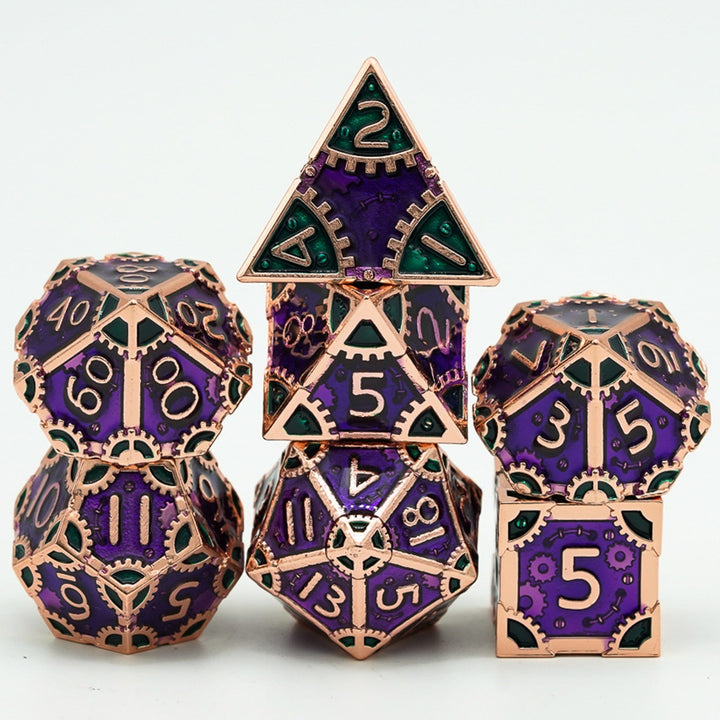 DnD 7pc Metal Dice Steampunk Style Polyhedral Dice Set for Dungeons and Dragons Role Playing Game Warhammer D6 D8 D10 D12 D20 Metal Gear Dice Set Rolling 20 Dungeons and Dragons Dice Collection - Madee's Boutique Madee's Boutique DS 10 sided dice 100 sided dice12 sided diceCopper Purple GreenChina