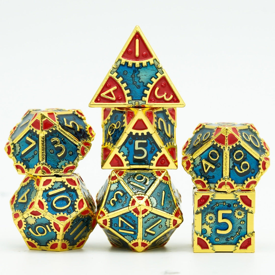 DnD 7pc Metal Dice Steampunk Style Polyhedral Dice Set for Dungeons and Dragons Role Playing Game Warhammer D6 D8 D10 D12 D20 Metal Gear Dice Set Rolling 20 Dungeons and Dragons Dice Collection - Madee's Boutique Madee's Boutique DS 10 sided dice 100 sided dice12 sided diceBlue RedChina