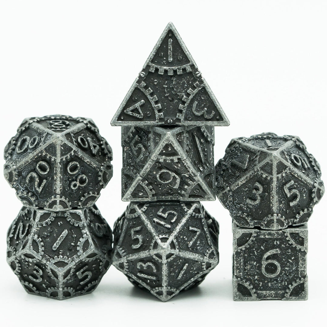 DnD 7pc Metal Dice Steampunk Style Polyhedral Dice Set for Dungeons and Dragons Role Playing Game Warhammer D6 D8 D10 D12 D20 Metal Gear Dice Set Rolling 20 Dungeons and Dragons Dice Collection - Madee's Boutique Madee's Boutique DS 10 sided dice 100 sided dice12 sided diceRetro BlackChina