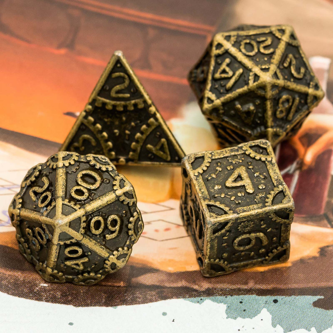 DnD 7pc Metal Dice Steampunk Style Polyhedral Dice Set for Dungeons and Dragons Role Playing Game Warhammer D6 D8 D10 D12 D20 Metal Gear Dice Set Rolling 20 Dungeons and Dragons Dice Collection - Madee's Boutique Madee's Boutique DS 10 sided dice 100 sided dice12 sided diceAncient SilverChina
