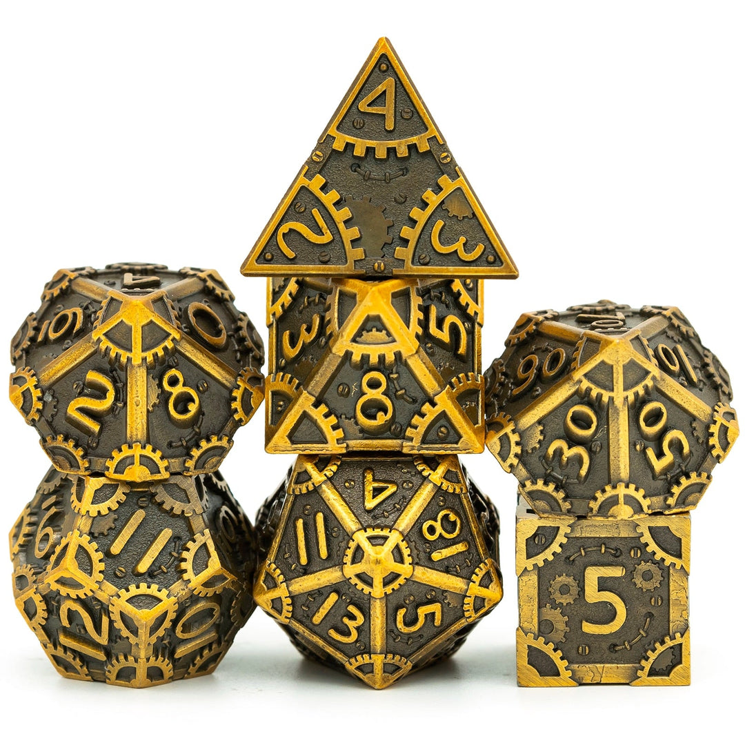 DnD 7pc Metal Dice Steampunk Style Polyhedral Dice Set for Dungeons and Dragons Role Playing Game Warhammer D6 D8 D10 D12 D20 Metal Gear Dice Set Rolling 20 Dungeons and Dragons Dice Collection - Madee's Boutique Madee's Boutique DS 10 sided dice 100 sided dice12 sided diceAncient GoldChina