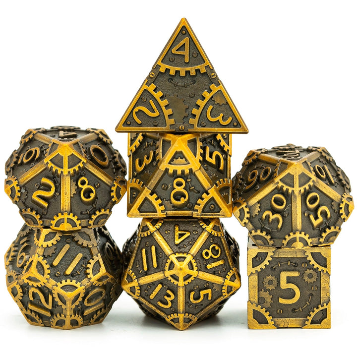 DnD 7pc Metal Dice Steampunk Style Polyhedral Dice Set for Dungeons and Dragons Role Playing Game Warhammer D6 D8 D10 D12 D20 Metal Gear Dice Set Rolling 20 Dungeons and Dragons Dice Collection - Madee's Boutique Madee's Boutique DS 10 sided dice 100 sided dice12 sided diceAncient GoldChina