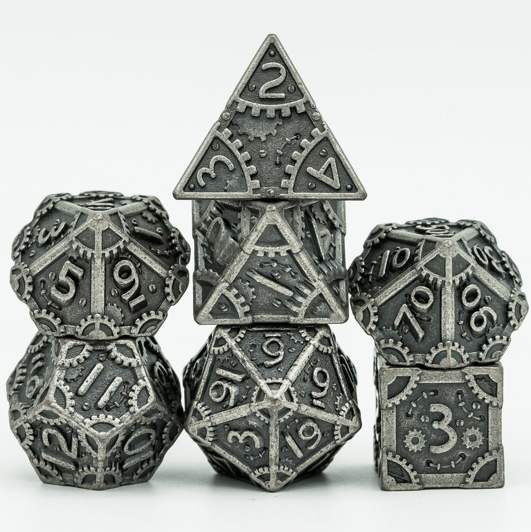DnD 7pc Metal Dice Steampunk Style Polyhedral Dice Set for Dungeons and Dragons Role Playing Game Warhammer D6 D8 D10 D12 D20 Metal Gear Dice Set Rolling 20 Dungeons and Dragons Dice Collection - Madee's Boutique Madee's Boutique DS 10 sided dice 100 sided dice12 sided diceSilverChina