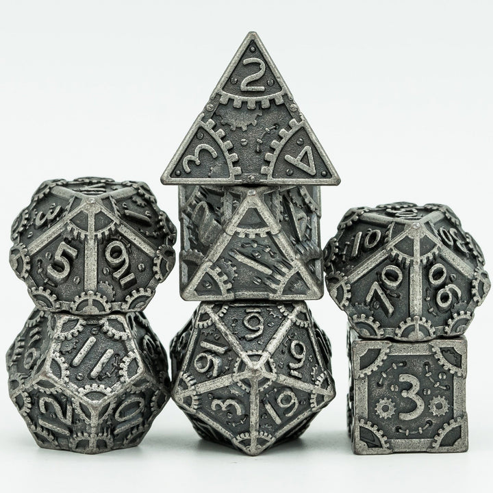 DnD 7pc Metal Dice Steampunk Style Polyhedral Dice Set for Dungeons and Dragons Role Playing Game Warhammer D6 D8 D10 D12 D20 Metal Gear Dice Set Rolling 20 Dungeons and Dragons Dice Collection - Madee's Boutique Madee's Boutique DS 10 sided dice 100 sided dice12 sided diceSilverChina