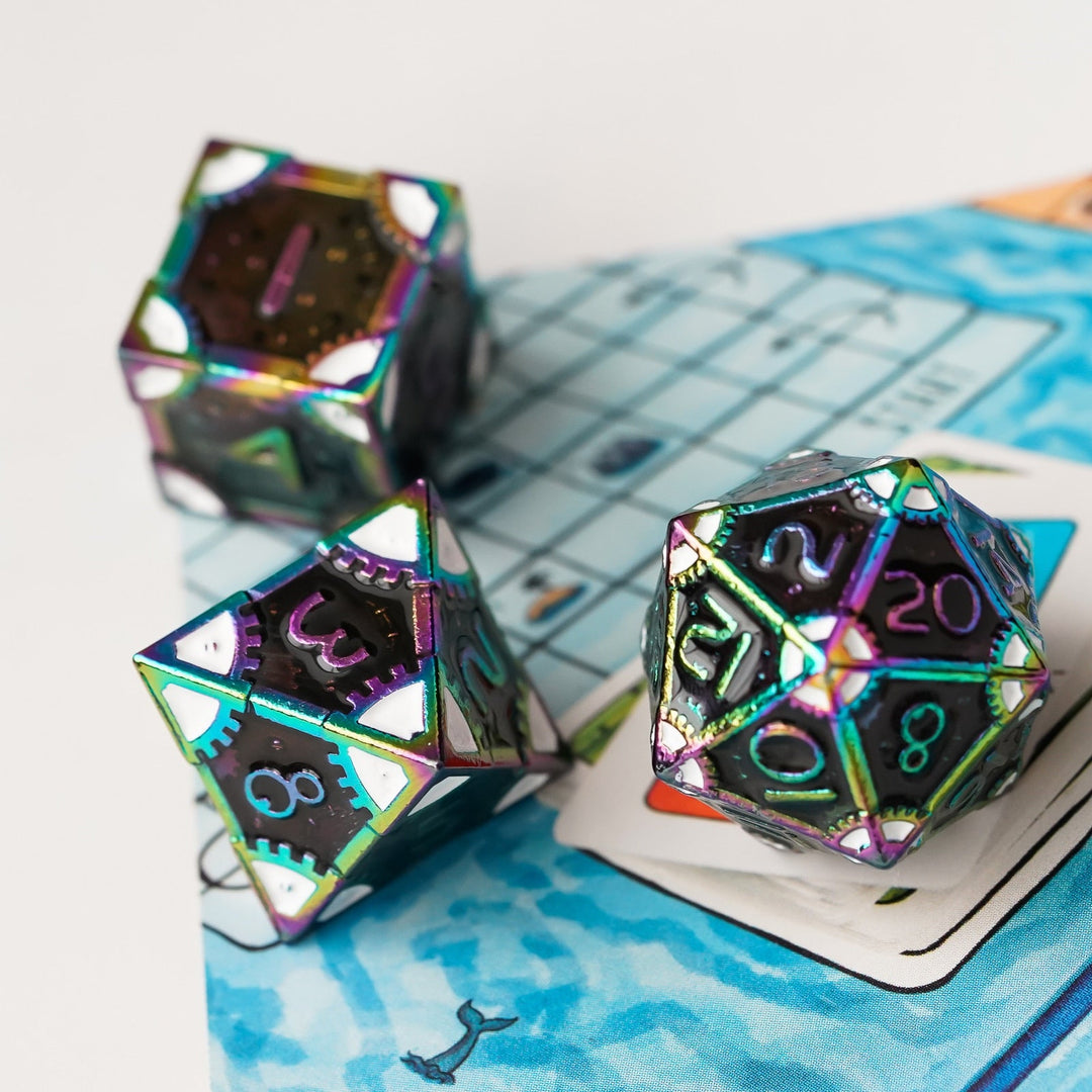 DnD 7pc Metal Dice Steampunk Style Polyhedral Dice Set for Dungeons and Dragons Role Playing Game Warhammer D6 D8 D10 D12 D20 Metal Gear Dice Set Rolling 20 Dungeons and Dragons Dice Collection - Madee's Boutique Madee's Boutique DS 10 sided dice 100 sided dice12 sided diceColorful Black WhiteChina