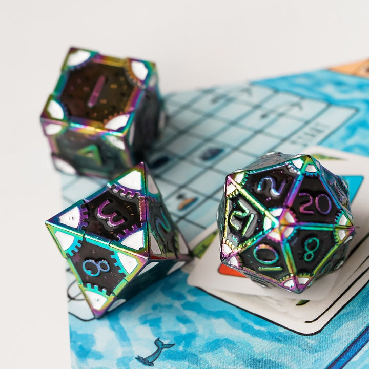 DnD 7pc Metal Dice Steampunk Style Polyhedral Dice Set for Dungeons and Dragons Role Playing Game Warhammer D6 D8 D10 D12 D20 Metal Gear Dice Set Rolling 20 Dungeons and Dragons Dice Collection - Madee's Boutique Madee's Boutique DS 10 sided dice 100 sided dice12 sided diceColorful Black WhiteChina