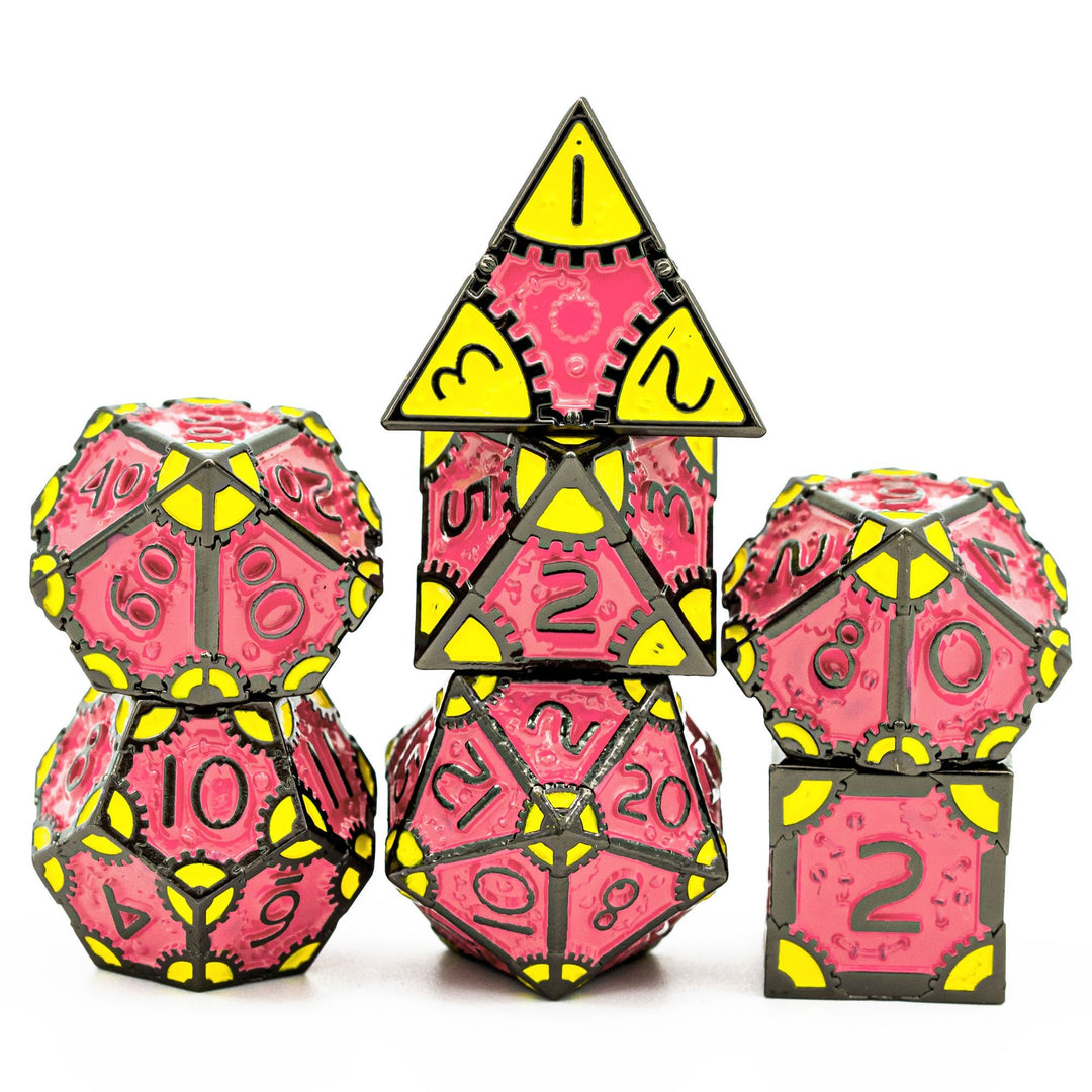 DnD 7pc Metal Dice Steampunk Style Polyhedral Dice Set for Dungeons and Dragons Role Playing Game Warhammer D6 D8 D10 D12 D20 Metal Gear Dice Set Rolling 20 Dungeons and Dragons Dice Collection - Madee's Boutique Madee's Boutique DS 10 sided dice 100 sided dice12 sided dicePink YellowChina