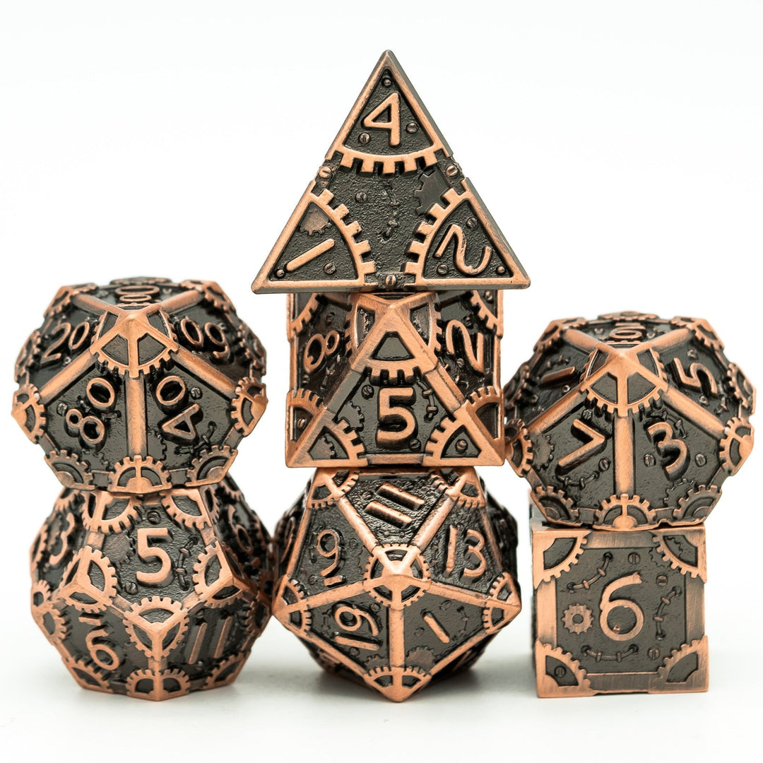 DnD 7pc Metal Dice Steampunk Style Polyhedral Dice Set for Dungeons and Dragons Role Playing Game Warhammer D6 D8 D10 D12 D20 Metal Gear Dice Set Rolling 20 Dungeons and Dragons Dice Collection - Madee's Boutique Madee's Boutique DS 10 sided dice 100 sided dice12 sided diceAncient CopperChina