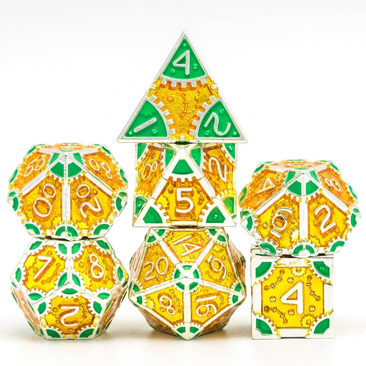 DnD 7pc Metal Dice Steampunk Style Polyhedral Dice Set for Dungeons and Dragons Role Playing Game Warhammer D6 D8 D10 D12 D20 Metal Gear Dice Set Rolling 20 Dungeons and Dragons Dice Collection - Madee's Boutique Madee's Boutique DS 10 sided dice 100 sided dice12 sided diceYellow GreenChina