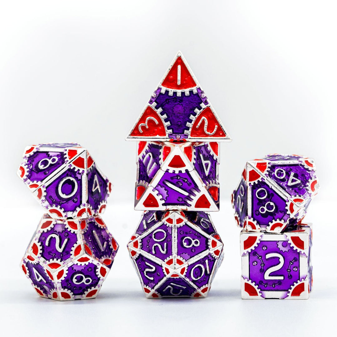 DnD 7pc Metal Dice Steampunk Style Polyhedral Dice Set for Dungeons and Dragons Role Playing Game Warhammer D6 D8 D10 D12 D20 Metal Gear Dice Set Rolling 20 Dungeons and Dragons Dice Collection - Madee's Boutique Madee's Boutique DS 10 sided dice 100 sided dice12 sided diceSilver Purple RedChina