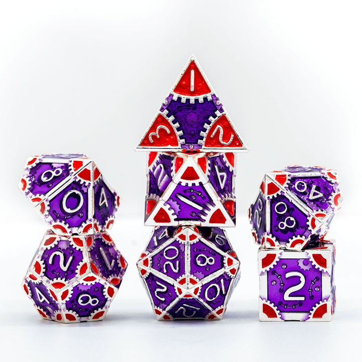 DnD 7pc Metal Dice Steampunk Style Polyhedral Dice Set for Dungeons and Dragons Role Playing Game Warhammer D6 D8 D10 D12 D20 Metal Gear Dice Set Rolling 20 Dungeons and Dragons Dice Collection - Madee's Boutique Madee's Boutique DS 10 sided dice 100 sided dice12 sided diceSilver Purple RedChina