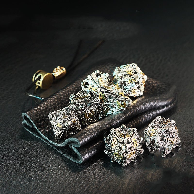DnD Hollow Metal Brass Skulls & Knights 7pc Dice Set - Madee's Boutique Dice Accessories Madee's Boutique aluminum dnd dice aruohhabest dnd giftAncient Nickel7PCS