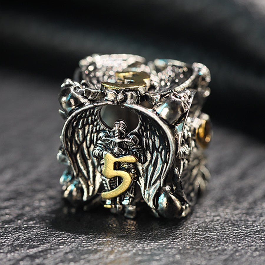 DnD Hollow Metal Brass Skulls & Knights 7pc Dice Set - Madee's Boutique Dice Accessories Madee's Boutique aluminum dnd dice aruohhabest dnd giftAncient Gold7PCS