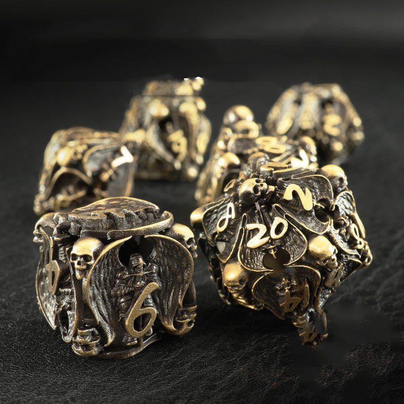 DnD Hollow Metal Brass Skulls & Knights 7pc Dice Set - Madee's Boutique Dice Accessories Madee's Boutique aluminum dnd dice aruohhabest dnd giftBronze7PCS