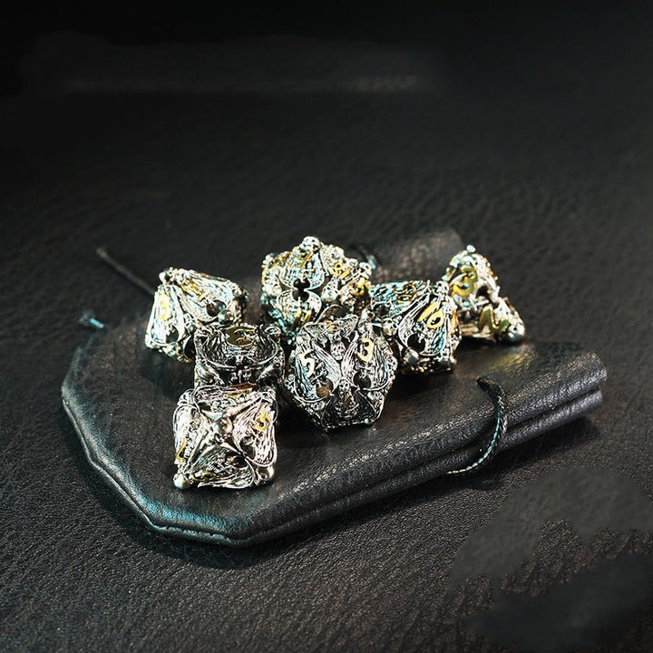DnD Hollow Metal Brass Skulls & Knights 7pc Dice Set - Madee's Boutique Dice Accessories Madee's Boutique aluminum dnd dice aruohhabest dnd giftAncient Nickel7PCS