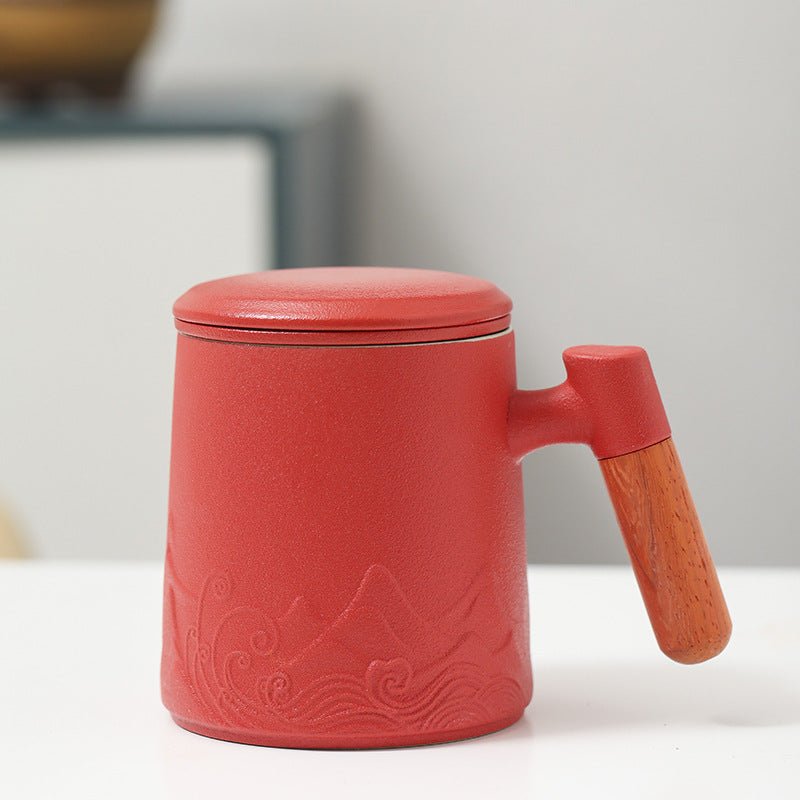 Landscape Ceramic Wooden Handle Mug With Lid Office Drinking Cup - Madee's Boutique Mugs Madee's Boutique best christmas gifts best friend giftsbest gifts for momWater Cup Raspberry Red