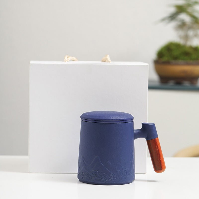 Landscape Ceramic Wooden Handle Mug With Lid Office Drinking Cup - Madee's Boutique Mugs Madee's Boutique best christmas gifts best friend giftsbest gifts for momSapphire Blue Gift Box