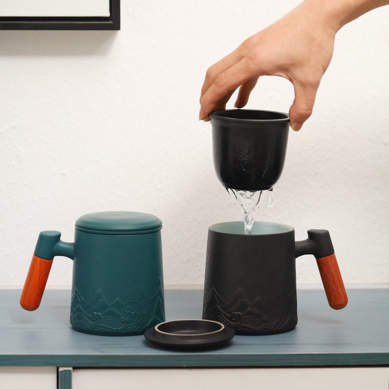 Landscape Ceramic Wooden Handle Mug With Lid Office Drinking Cup - Madee's Boutique Mugs Madee's Boutique best christmas gifts best friend giftsbest gifts for momWater Cup Dark Green