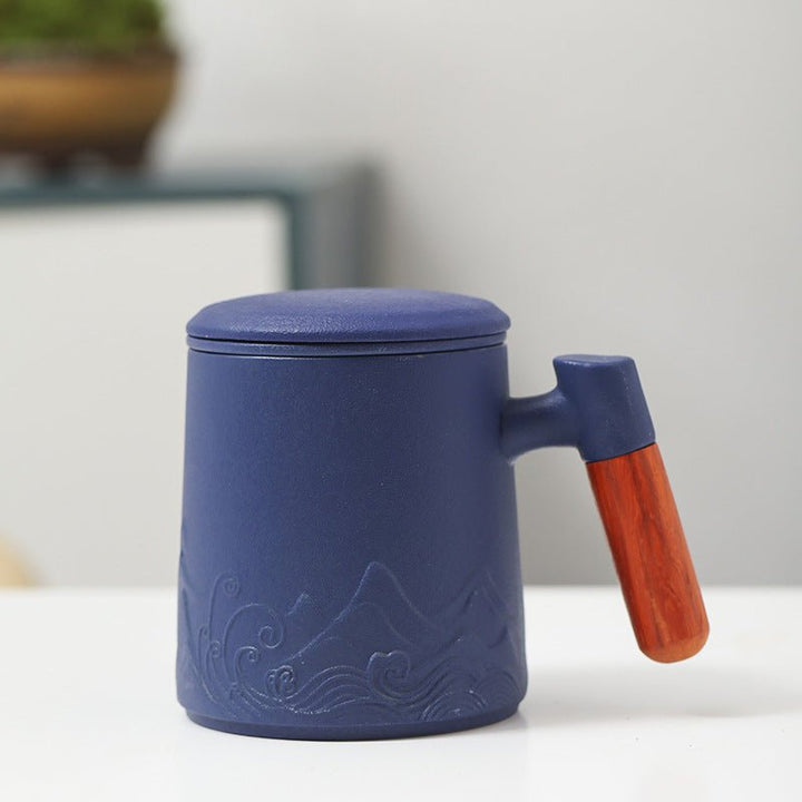 Landscape Ceramic Wooden Handle Mug With Lid Office Drinking Cup - Madee's Boutique Mugs Madee's Boutique best christmas gifts best friend giftsbest gifts for momWater Cup Sapphire Blue