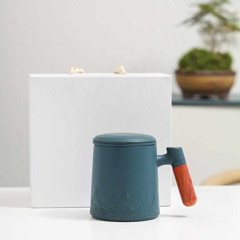 Landscape Ceramic Wooden Handle Mug With Lid Office Drinking Cup - Madee's Boutique Mugs Madee's Boutique best christmas gifts best friend giftsbest gifts for momYahei Gift Box Dark Green Gi