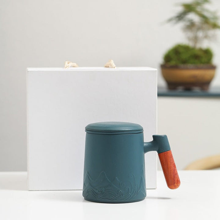 Landscape Ceramic Wooden Handle Mug With Lid Office Drinking Cup - Madee's Boutique Mugs Madee's Boutique best christmas gifts best friend giftsbest gifts for momYahei Gift Box Dark Green Gi