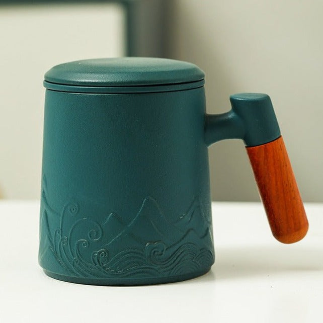 Landscape Ceramic Wooden Handle Mug With Lid Office Drinking Cup - Madee's Boutique Mugs Madee's Boutique best christmas gifts best friend giftsbest gifts for momWater Cup Dark Green