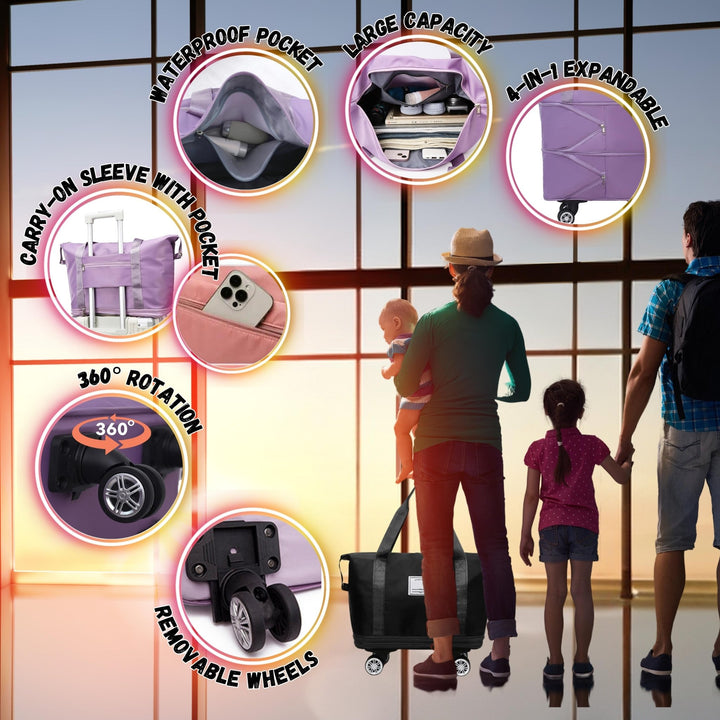Madee's 4 - in - 1 Expandable Foldable Travel Bag with Removable Wheels - Travel Duffel Bag, Rolling Duffle Bag Carry on, Wheeled Duffle Bag Luggage Waterproof, Large Weekender Bag - Madee's Boutique Handbag Madee's Boutique 2 wheel suitcases 20 compartment extender36 duffle bag with wheelsLight Purple