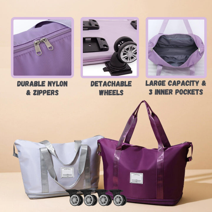 Madee's 4 - in - 1 Expandable Foldable Travel Bag with Removable Wheels - Travel Duffel Bag, Rolling Duffle Bag Carry on, Wheeled Duffle Bag Luggage Waterproof, Large Weekender Bag - Madee's Boutique Handbag Madee's Boutique 2 wheel suitcases 20 compartment extender36 duffle bag with wheelsLight Purple