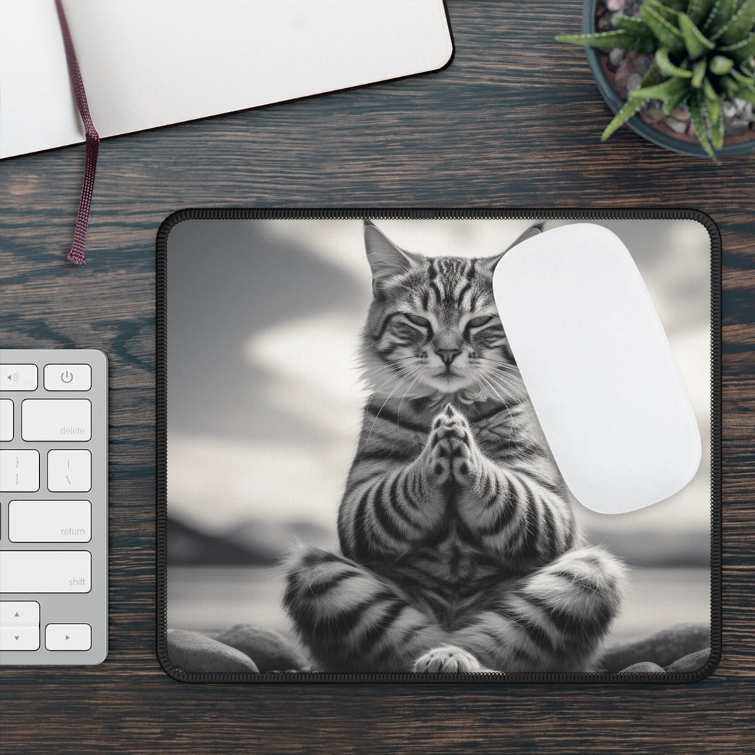 Meditating Cat Mouse Pad Black and White MADEE'S EXCLUSIVES - Madee's Boutique Home Decor Printify Accessories anniversary gift ideasanniversary gifts for herRectangle9" × 7"