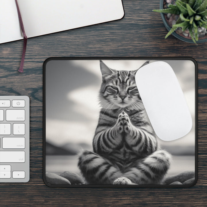 Meditating Cat Mouse Pad Black and White MADEE'S EXCLUSIVES - Madee's Boutique Home Decor Printify Accessories anniversary gift ideasanniversary gifts for herRectangle9" × 7"