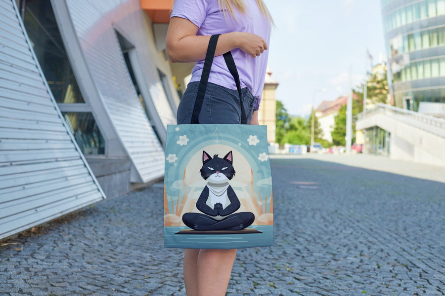 Meditation Cat Tote Bag Light Blue Small Medium Large MADEE'S EXCLUSIVES - Madee's Boutique Bags Printify Accessories aesthetic tote bagAll Over PrintSmall