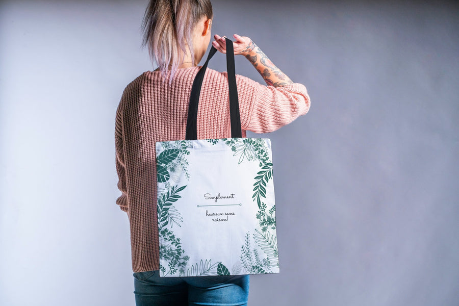 Positive Tote Bag "Simplement Heureux sans raison!" Small Medium Large - Madee's Boutique Bags Printify Accessories aesthetic tote bagAll Over PrintSmall