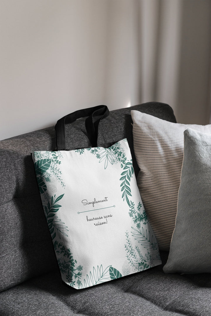 Positive Tote Bag "Simplement heureuse sans raison!" Small Medium Large - Madee's Boutique Bags Printify Accessories aesthetic tote bagAll Over PrintSmall