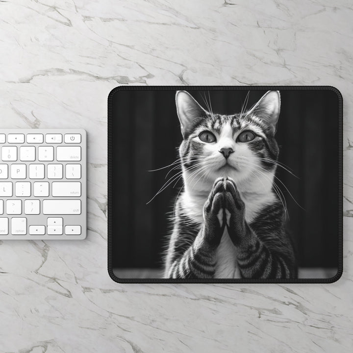 Praying Cat Mouse Pad Black and White - Madee's Boutique Home Decor Printify Accessories aesthetic giftanimal lovers giftRectangle9" × 7"