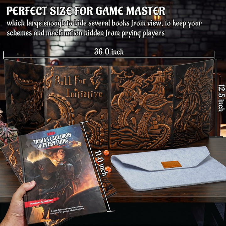 DND Dungeon Master Screen Four-Panel with Pockets, Faux Leather 3D Embossed with Cthulhu - Included DM Screen Inserts and Storag