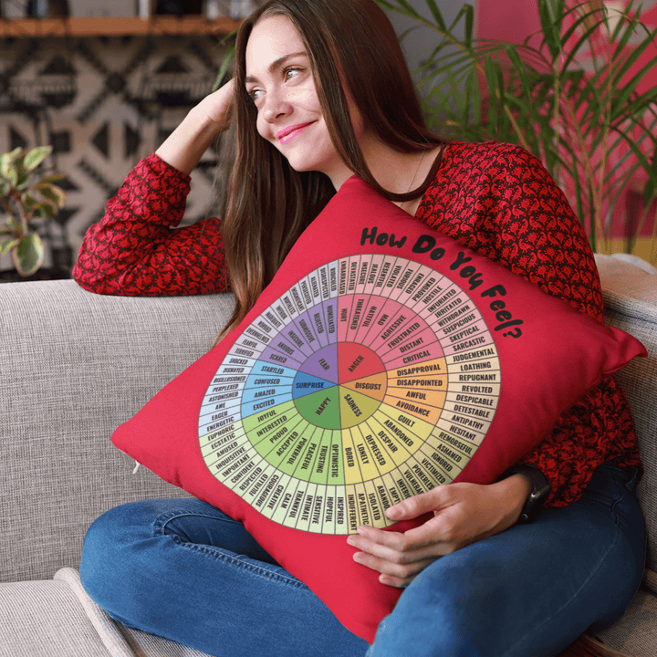 Emotion Wheel Cushion Cover Customizable Bilingual French & English: Double - Sided Print for Emotional Support Gifts, 18x18" (Pillow Cover) - Madee's Boutique Home Decor Madee's Boutique Accessoires pour bureau thérapeutique Add a NameAide à la régulation émotionnelleRed18x18in (45x45cm)