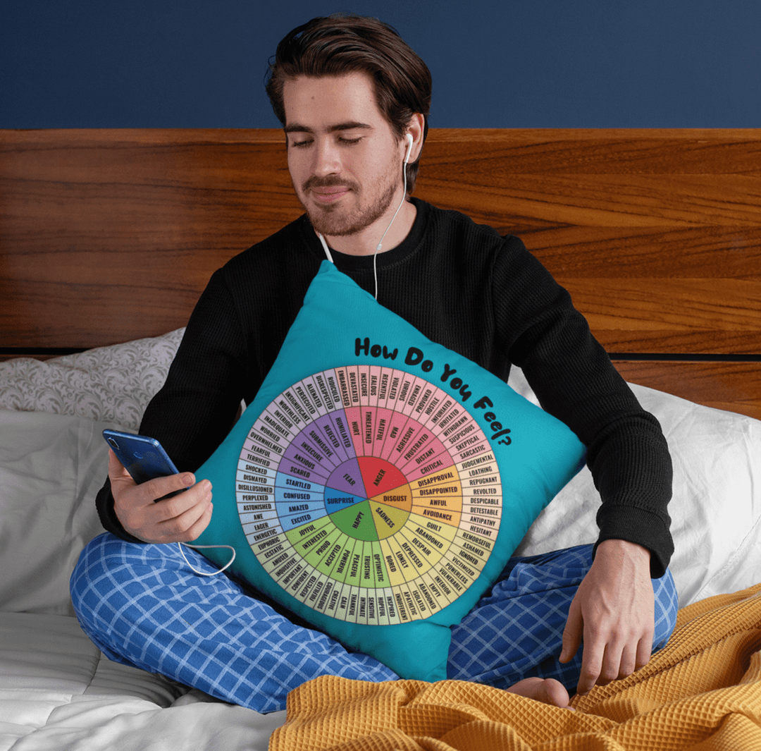 Emotion Wheel Cushion Cover Customizable Bilingual French & English: Double - Sided Print for Emotional Support Gifts, 18x18" (Pillow Cover) - Madee's Boutique Home Decor Madee's Boutique Accessoires pour bureau thérapeutique Add a NameAide à la régulation émotionnelleAqua Blue18x18in (45x45cm)