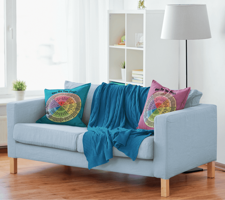 Emotion Wheel Cushion Cover Customizable Bilingual French & English: Double - Sided Print for Emotional Support Gifts, 18x18" (Pillow Cover) - Madee's Boutique Home Decor Madee's Boutique Accessoires pour bureau thérapeutique Add a NameAide à la régulation émotionnelleRed18x18in (45x45cm)