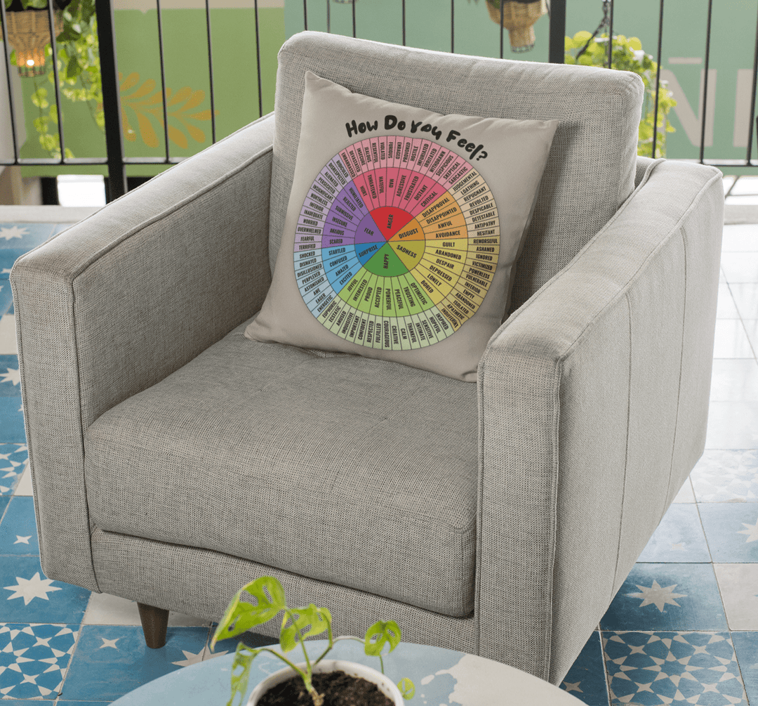 Emotion Wheel Cushion Cover Customizable Bilingual French & English: Double - Sided Print for Emotional Support Gifts, 18x18" (Pillow Cover) - Madee's Boutique Home Decor Madee's Boutique Accessoires pour bureau thérapeutique Add a NameAide à la régulation émotionnelleGrayge18x18in (45x45cm)
