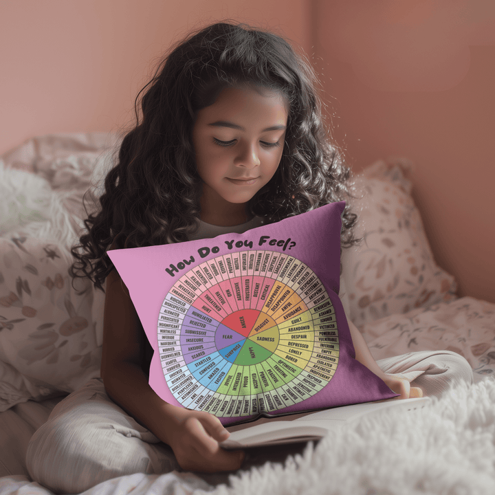 Emotion Wheel Cushion Cover Customizable Bilingual French & English: Double - Sided Print for Emotional Support Gifts, 18x18" (Pillow Cover) - Madee's Boutique Home Decor Madee's Boutique Accessoires pour bureau thérapeutique Add a NameAide à la régulation émotionnellePurple18x18in (45x45cm)