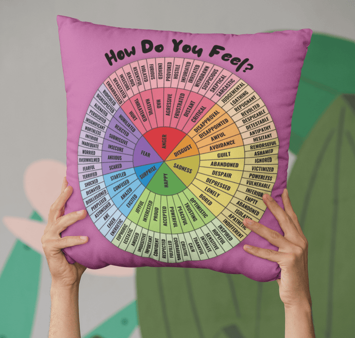 Emotion Wheel Cushion Cover Customizable Bilingual French & English: Double - Sided Print for Emotional Support Gifts, 18x18" (Pillow Cover) - Madee's Boutique Home Decor Madee's Boutique Accessoires pour bureau thérapeutique Add a NameAide à la régulation émotionnellePick Your Own Custom Color & Font18x18in (45x45cm)