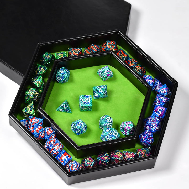 2 in 1 D&D Dice Tray & Dice Box Dice Case With Lid Hexagon Dice Rolling Tray & Dice Holder Velvet & PU Leather - Madee's Boutique Madee's Boutique DS d & d d and d