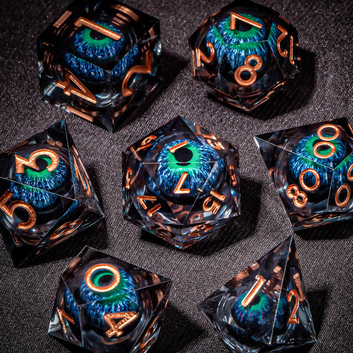 7pc DnD Dice Set Dragon Eye Liquid Core Resin Sharp Edge Dice Set, Dungeons and Dragons Dice Rolling D20 D12 D10 D8 D6 DandD Dice Collection - Madee's Boutique Madee's Boutique DS 10 sided dice 100 sided dice