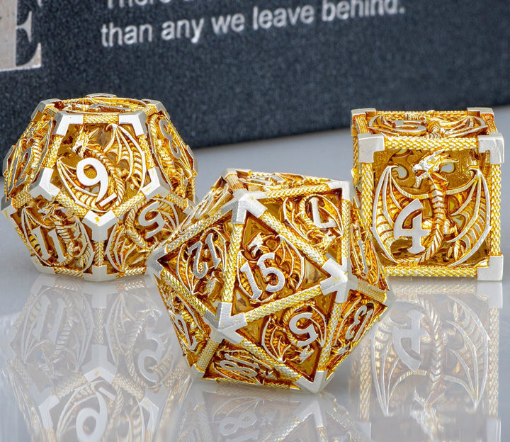 7pc DND Metal Dragon Hollow Dice Set D and D Role Playing Dice Dungeon and Dragon Metal D&D Dice 6 Sided Polyhedral Dice D20 D12 D10 D8 D6 - Madee's Boutique Madee's Boutique DS 10 sided dice 100 sided dice